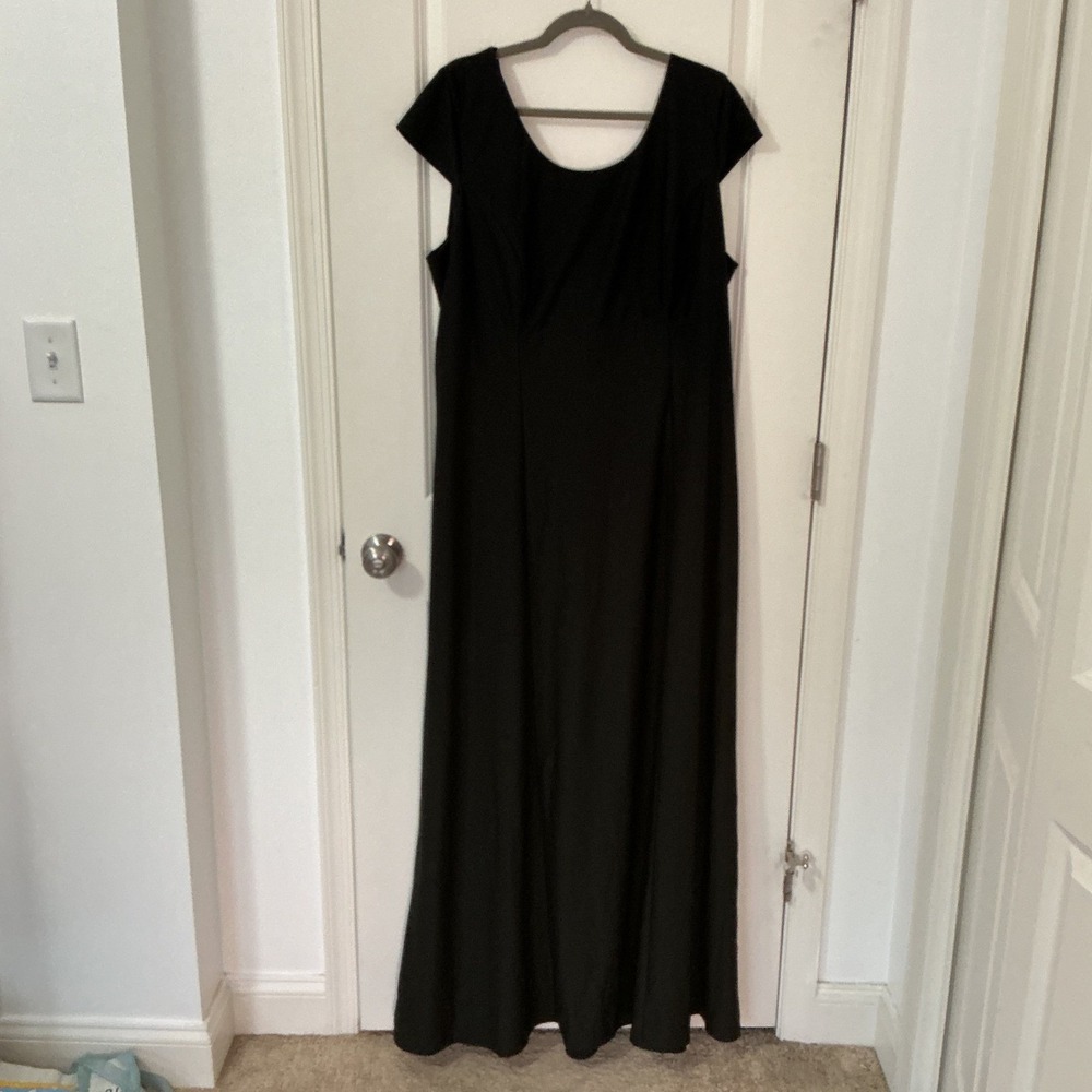 Womens Black Cap Sleeve Formal Evening Gown Scoop Neck Maxi Dress